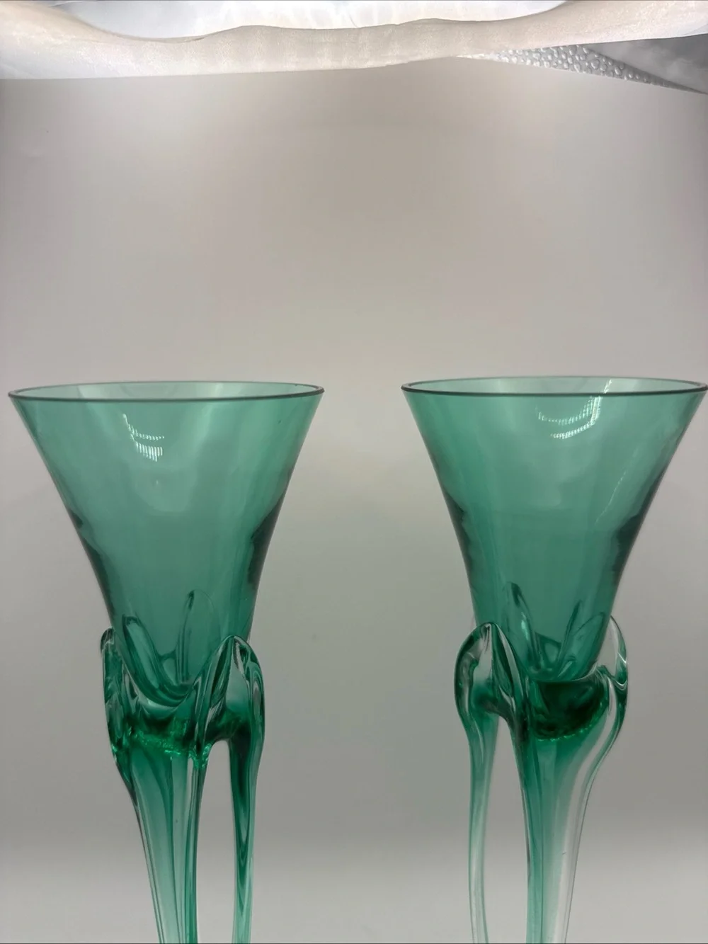 Vintage Set of 2 Green Jozefina Krosno Art Glass Taper Candleholders Hand-Blown